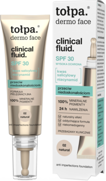Podkład Tołpa Clinical Fluid SPF 30, 02 natural, przeciw niedoskonałościom, beżowa tubka i stojące pudełko.