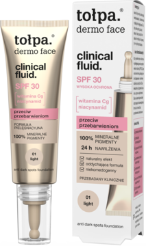 Tołpa dermo face clinical fluid SPF 30. Podkład przeciw przebarwieniom w złotej tubce z pompką i pudełku. Odcień 01 light.
