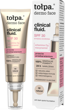 Tołpa clinical fluid SPF 30, beżowy podkład mineralny przeciw przebarwieniom, tuba z pompką i pudełko, front.