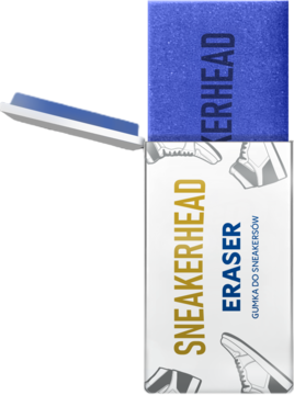 Niebieska gumka SNEAKERHEAD do czyszczenia sneakersów i białe opakowanie z napisem 'Eraser' oraz grafiką butów.