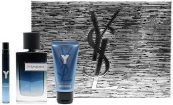 Zestaw YSL Y for Men: duża butelka perfum z gradientem, niebieska tuba żelu i miniatura sprayu, na tle logo.