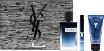 Zestaw Yves Saint Laurent Y dla mężczyzn: granatowa butelka EDP, miniatura i żel pod prysznic Y, logo YSL.