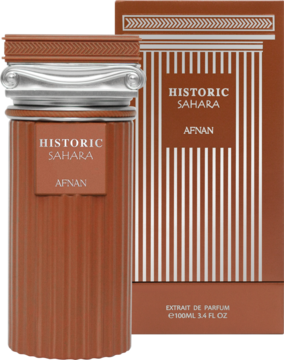 Perfumy Afnan Historic Sahara: brązowa butelka z ryflowaną teksturą, srebrnym korkiem, obok pudełka w paski. Widok z przodu.