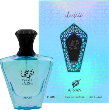 Afnan Turathi Electric, 90ml Eau de Parfum. Turkusowa butelka z czarną nakrętką obok holograficznego pudełka.