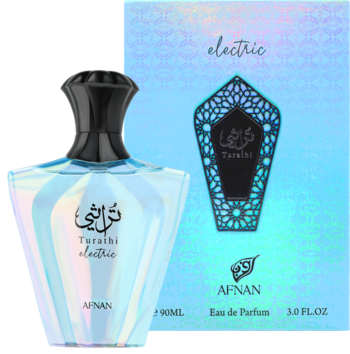 Iryzująca butelka perfum Afnan Turathi Electric w błękitach, obok pudełka, widok z przodu. Cytrusowo-owocowy zapach.