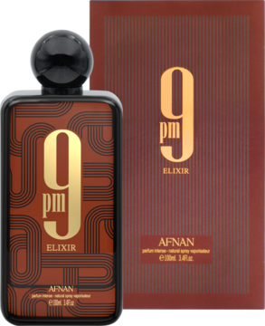 Perfum Afnan 9 pm Elixir: ciemna butelka i pudełko ze złotymi akcentami, widok z przodu.
