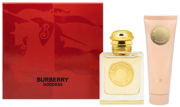 Zestaw Burberry Goddess: czerwone pudełko z logo, flakon EDP ze złotym korkiem i brzoskwiniowy balsam, widok z przodu.