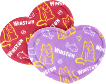 Winston: Dwie sercowate zabawki dla kota z bawełny, czerwona i fioletowa, z kocimiętką i wzorami.