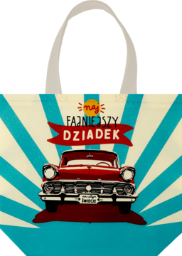 Torba PP Eloy: czerwony, vintage samochód na tle błękitnych promieni. Napis 'mój fajniejszy dziadek'.