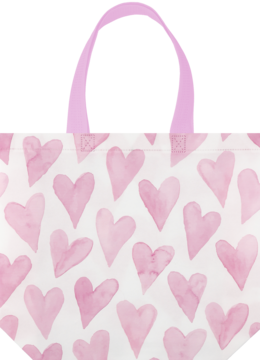 Torba na zakupy Eloy 34x25x10 cm, z wzorem różowych serc akwarelowych na białym tle, widok z góry.