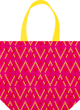 Eloy Torba PP Ferie: Różowa torba PP z geometrycznym wzorem w czerwieni i żółci, żółte uchwyty, widok z przodu.