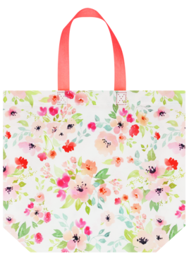 ELOY torba PP na Dzień Kobiet, biała z wzorem różowych i koralowych kwiatów, koralowe rączki, widok z przodu.