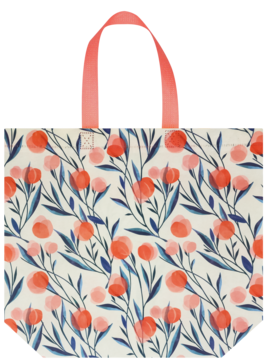 ELOY torba PP Wiosna, biała z wzorem koralowych owoców i niebiesko-zielonych liści, pomarańczowe uchwyty.