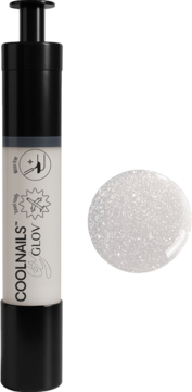 COOLNAILS Classic Nail Polish Pen, white click-pen applicator and a round swatch of shimmering white polish.