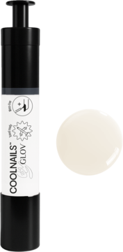 Lakier do paznokci COOLNAILS GLOV Coconut Milk 203 w czarno-białym pisaku click-pen, obok kropla kremowej bieli.