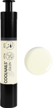 COOLNAILS Classic Nail Polish Pen, kremowy click-pen z czarnym dozownikiem i jasnożółtym lakierem peel-off obok.