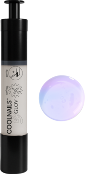 Lakier COOLNAILS GLOV Hologoddess w butelce z pompką, obok próbka holograficznego lakieru, szybkoschnący.
