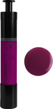 COOLNAILS GLOV Plum Noir 206 lakier w penie, winno-bordowy, z czarną pompką, obok okrągła plama lakieru.