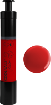 Czerwony lakier COOLNAILS GLOV Royal Red w czarno-czerwonym click-penie, obok błyszcząca kropla koloru.