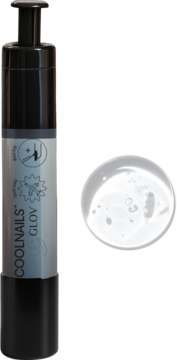 COOLNAILS GLOV Top Coat w czarno-srebrnym penie z klik-mechanizmem, obok kropla przezroczystego żelu.