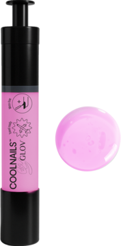Różowy, transparentny lakier COOLNAILS GLOV Pink Jelly Active Pen w butelce z pompką, obok kropla produktu.