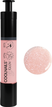 Różowy lakier peel-off COOLNAILS GLOV w pisaku airless click-pen, obok brokatowy wzornik.