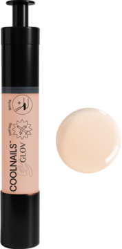 Lakier-kuracja COOLNAILS GLOV Silk Beige Active Pen, beżowa butelka z pompką, obok swatch produktu.