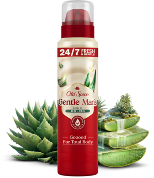 Old Spice Gentle Aloe spray 140ml, czerwono-biała butelka na tle zielonych liści aloesu, widok z przodu.