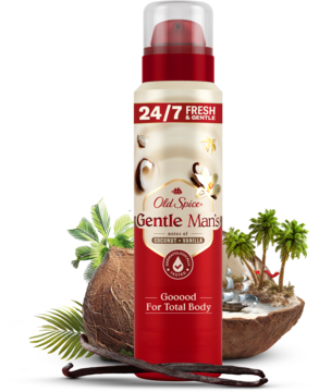 Old Spice Gentle Coconut spray 140ml w czerwono-białej butelce, z kokosami i liśćmi na tle.