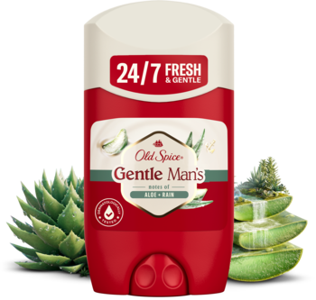 Old Spice Gentle Man's Aloe sztyft 50ml, czerwono-białe opakowanie, na tle soczystych liści aloesu.