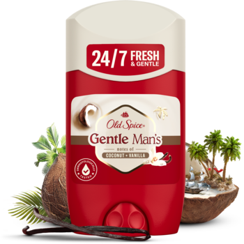 Old Spice Gentle Coconut & Vanilla sztyft 50ml, czerwono-biały, z napisem 24/7 Fresh & Gentle, otoczony kokosami i wanilią.