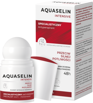 Aquaselin Intensive antyperspirant roll-on przeciw potliwości, biało-czerwone opakowania, z przodu pod kątem.