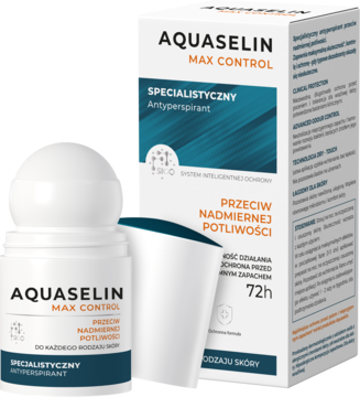 Aquaselin Max Control antyperspirant roll-on i opakowanie, białe z niebieskim, na nadmierną potliwość, widok z przodu.