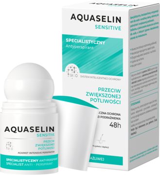 Aquaselin Sensitive antyperspirant roll-on dla wrażliwej skóry, biała butelka, miętowo-białe pudełko, widok ukośny.