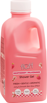 fluff Raspberry Milkshake Shower Gel w różowej butelce z uchwytem i białą zakrętką, widok z przodu.
