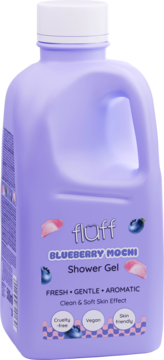 Duży Fluff Blueberry Mochi Shower Gel w fioletowej butelce z uchwytem, widok z przodu. Wegański, cruelty-free, Fresh, Gentle, Aromatic dla czystej, miękkiej skóry.