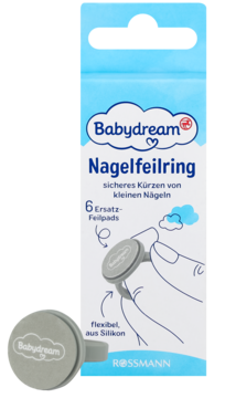 Babydream Nagelfeilring: niebieska saszetka i szary silikonowy pierścień z 6 wkładami do bezpiecznego skracania paznokci.