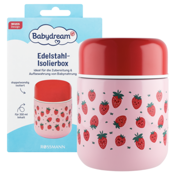 Różowy termos obiadowy Babydream, stal nierdzewna, z truskawkami i czerwoną pokrywką. Obok pudełko.
