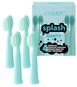 Cztery miętowe główki VITAMMY splash do szczoteczki sonicznej na tle opakowania 4 szt. Widok z przodu.