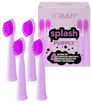 Cztery fioletowe końcówki VITAMMY Splash Purply do szczoteczki sonicznej oraz pudełko, widok z przodu.