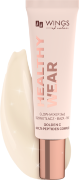 AA Wings of Color Healthy Wear Glow-Mixer 3w1 w beżowej tubce, z błyszczącą próbką obok.
