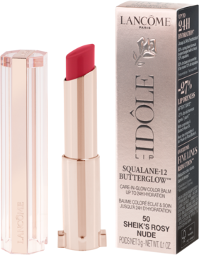 Otwarta błyszcząca pomadka Lancôme Idôle Lip Squalane-12 Butterglow 50 Sheik's Rosy Nude i opakowanie.