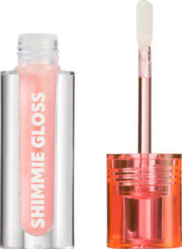 Otwarty błyszczyk Trouble Maker Shimmie Gloss, odcień Crunch Time Nude z drobinkami, aplikator widoczny z boku.