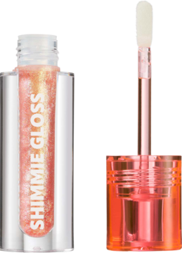 Błyszczyk Trouble Maker Shimmie Gloss Jackpot Gold otwarty, złoto-brzoskwiniowy brokat, aplikator, pomarańczowa nakrętka.