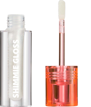 Otwarty błyszczyk Trouble Maker Shimmie Gloss Clear, aplikator z brokatem wystaje z przezroczystej tubki.