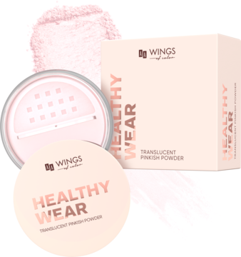 Wings Healthy Wear sypki puder transparentny różowy: otwarty i zamknięty kompakt oraz pudełko.