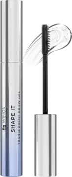 Transparentny żel do brwi Shape It w srebrnej tubce, otwarte opakowanie z silikonową szczoteczką.