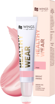 Różowy rozświetlający korektor Wings Healthy Wear z aplikatorem w tubce i pasującym pudełkiem, widok z przodu.