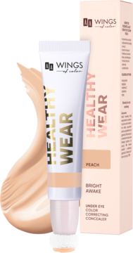 Wings of Color Healthy Wear Peach korektor w tubce z gąbeczką, widok z przodu, z pudełkiem i smużką produktu.