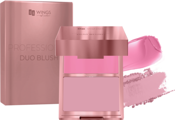 Wings Professional Duo Blush: różowo-złoty kompakt z kremowym i pudrowym różem. Widoczne pudełko i swatche.
